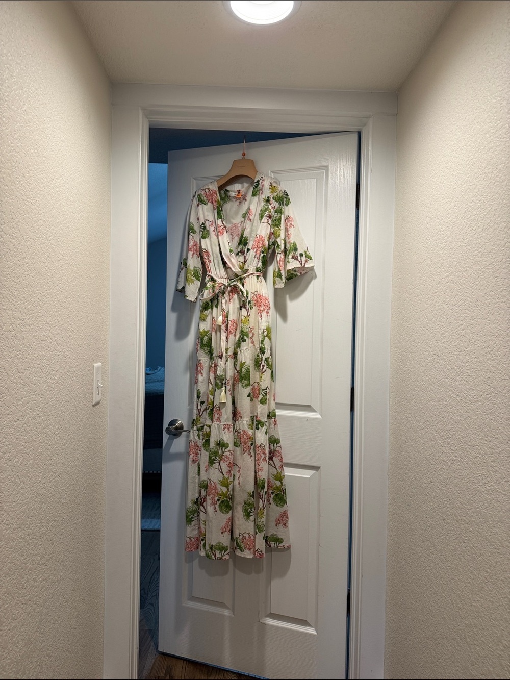 White Floral Maxi Wrap Dress with Pink & Green Print